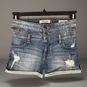 Eunina High Rise Shortie Denim Shorts Distressed Jean Medium Wash Cuffed Size S